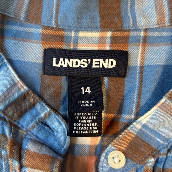 Land's End Women's Flannel Tunic Top‎ 14 Blue Plaid Pintuck Loose Flowy Roll Tab - Picture 6 of 11